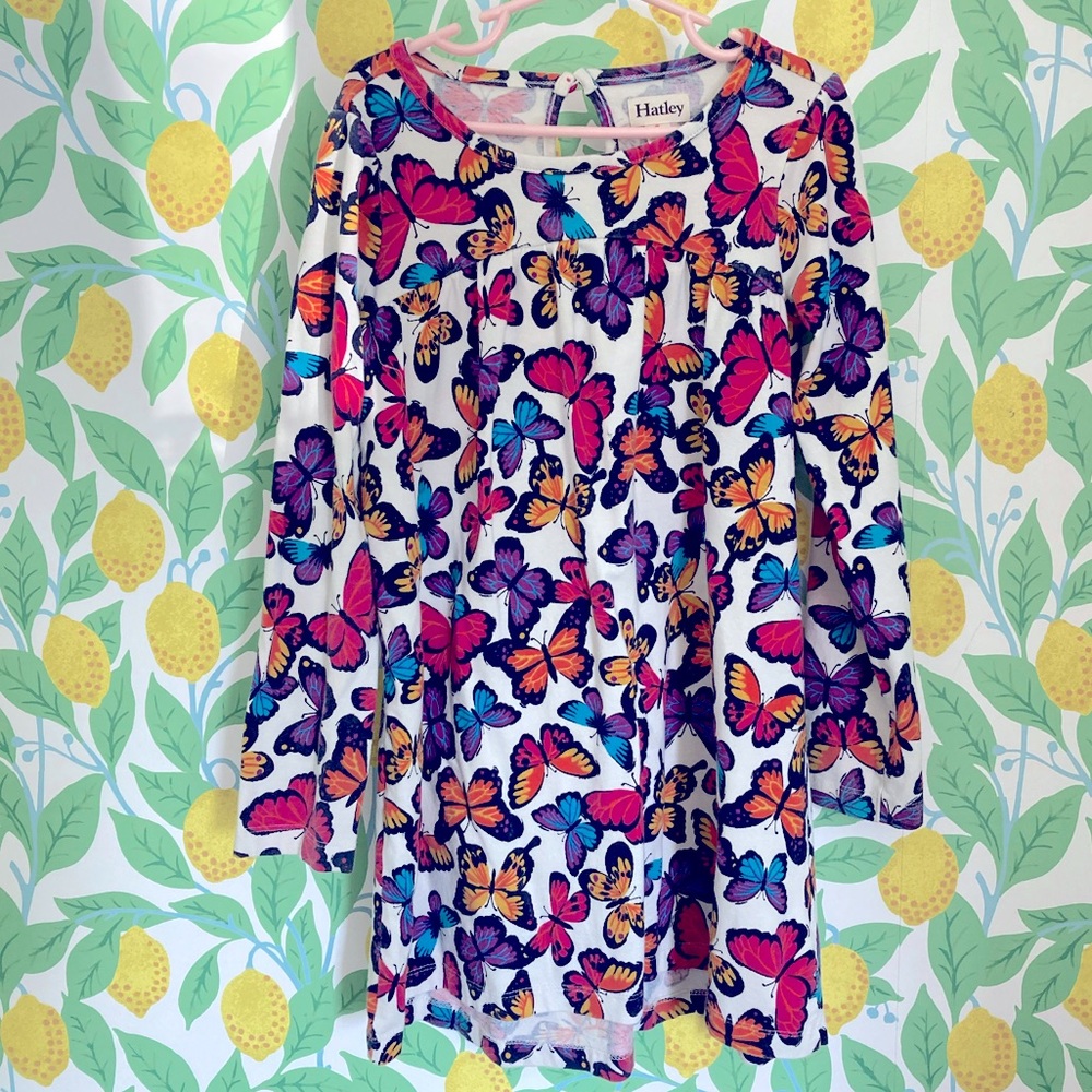 Hatley Butterfly Print Dress Size 7 Trapeze Long Sleeve Colorful